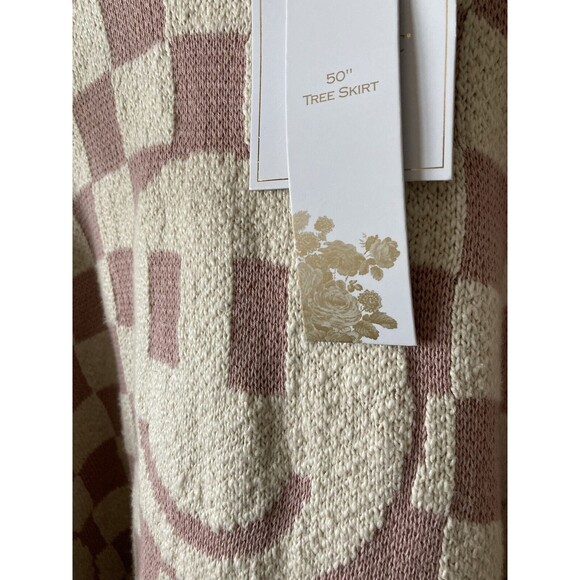 Christmas Tree Skirt 50" Smiley Face Cream/Mauve Sherpa Trim Shabby Chic New - Picture 2 of 2